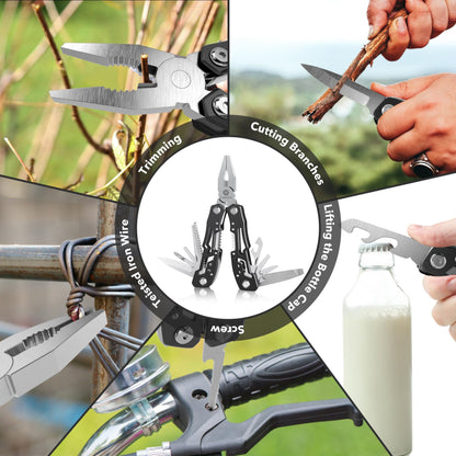 Multi-tool pliers with versatile functions including wire cutting, branch trimming, bottle opening and screwdriver use for outdoor and everyday tasks

