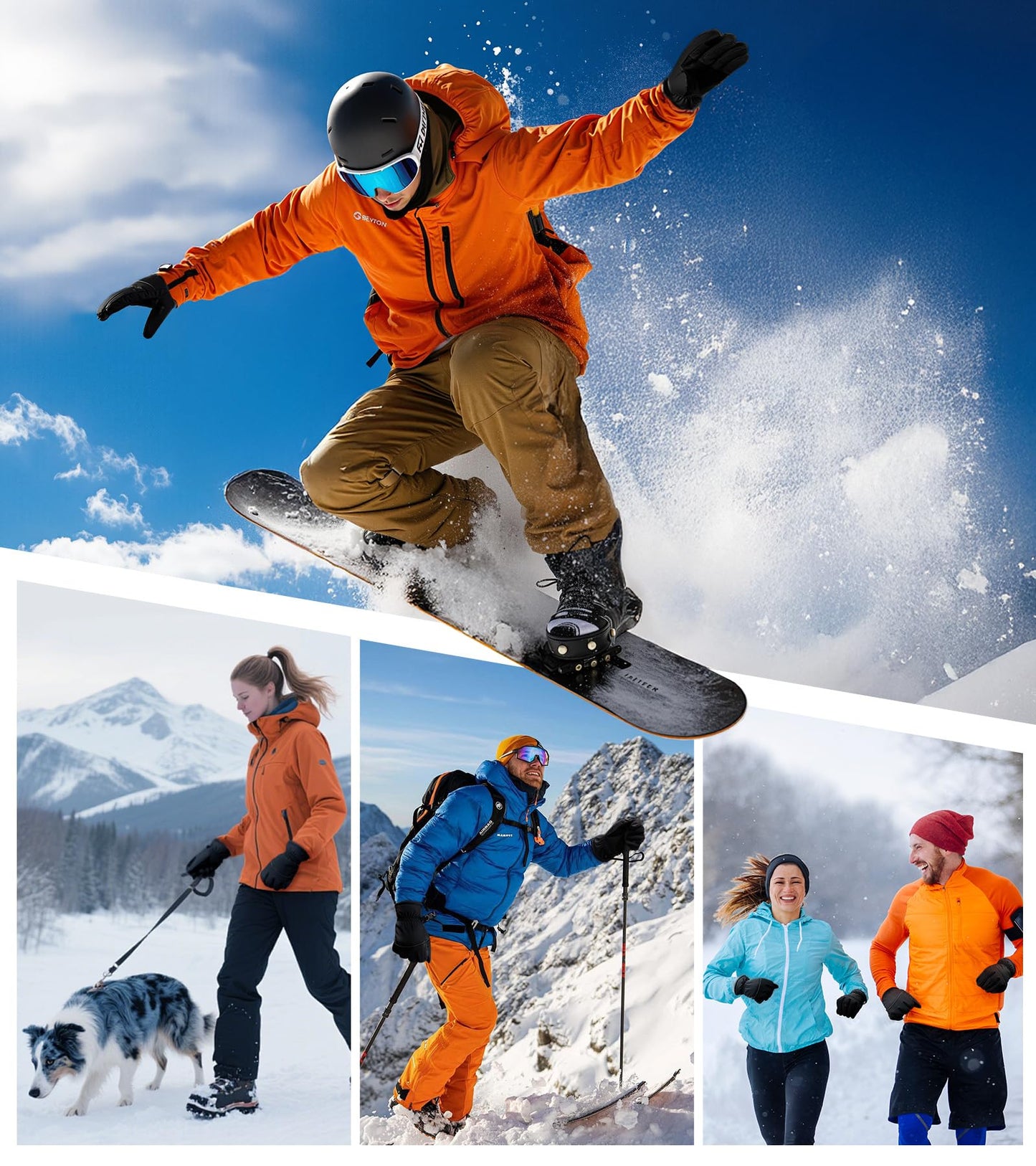 Collage of people snowboarding and skiing in winter sports activities.