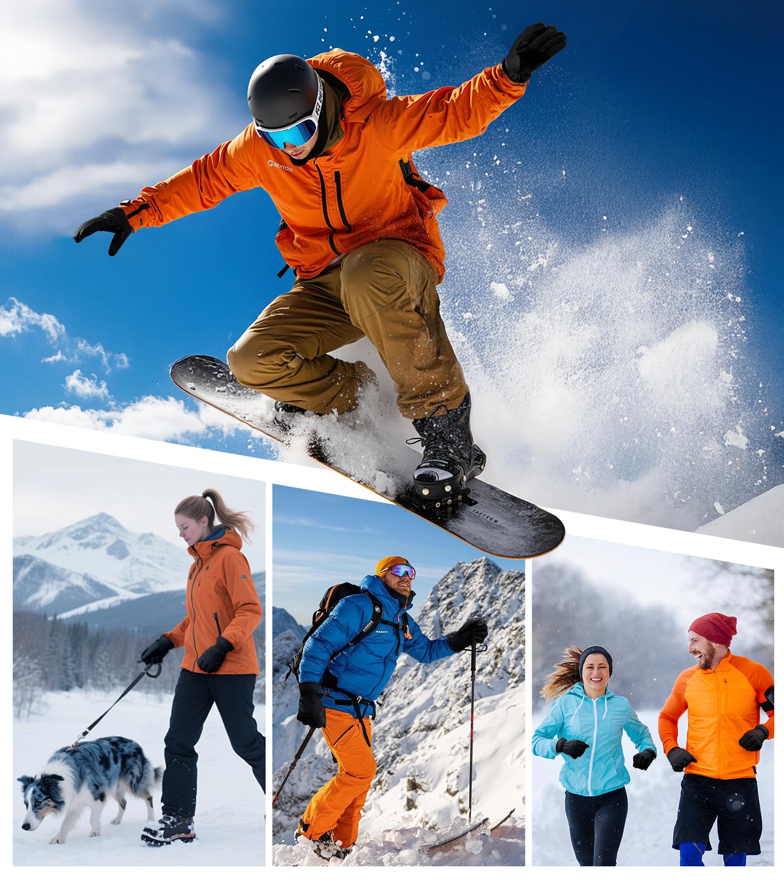 Collage of people snowboarding and skiing in winter sports activities.
