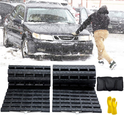Car stuck in snow using tire traction mats with storage bag and gloves for winter emergency recovery assistance

