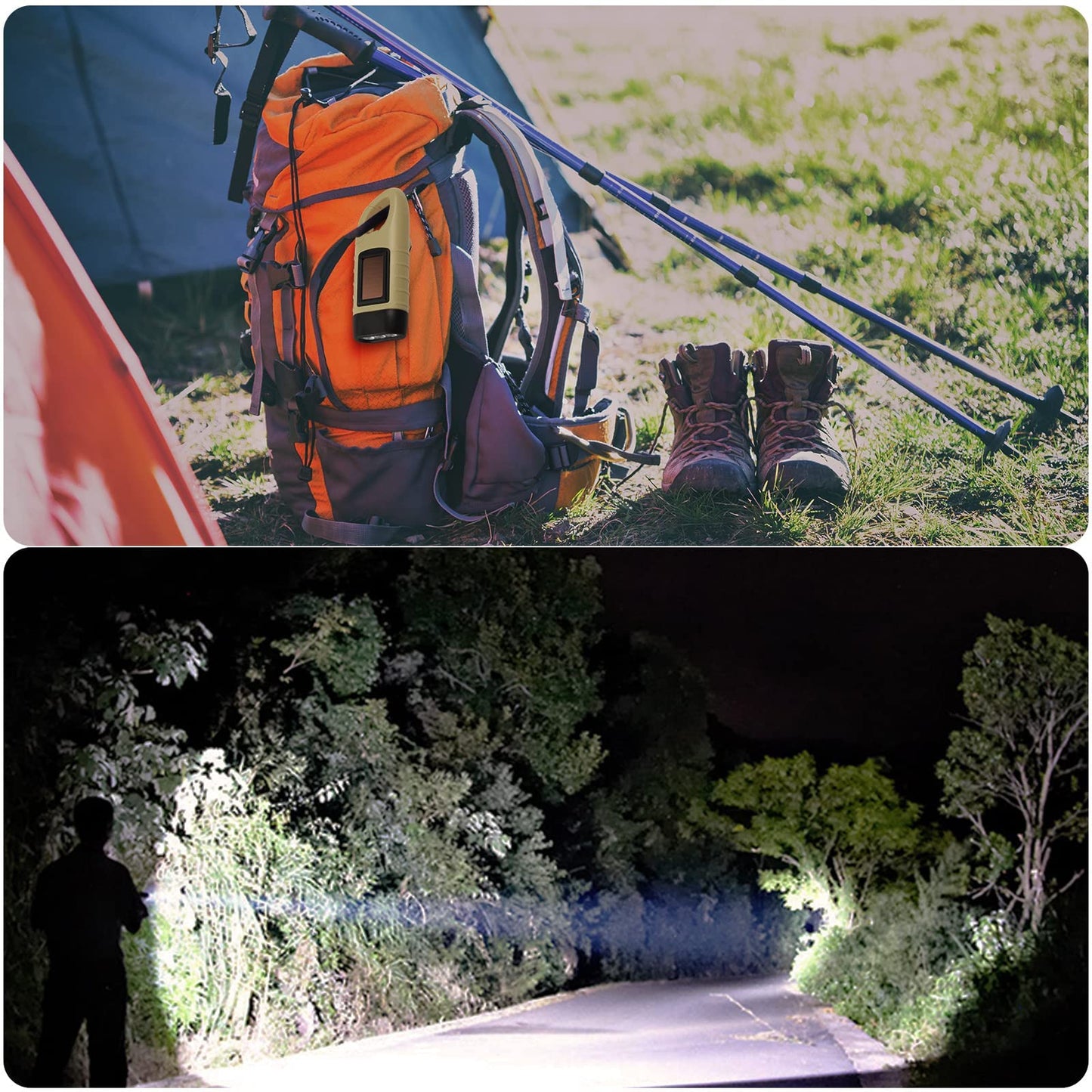 Top half shows an orange backpack with a GPS device on a camping setup, bottom half shows a person walking through a forest at night with a flashlight.
