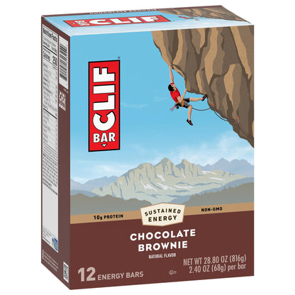 Clif Bar chocolate brownie energy bar packaging with climbing scene