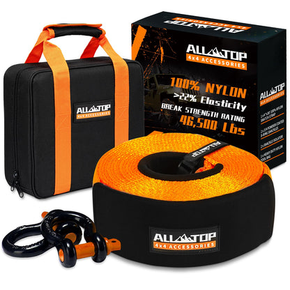 AllTop 4x4 accessories including a black and orange rope, carrying case, and packaging on a white background.
