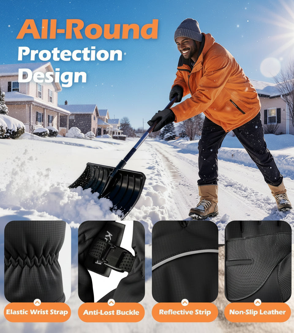 Person shoveling snow with winter gear features highlighted, including elastic wrist strap, anti-lost buckle, reflective strip, and non-slip leather.