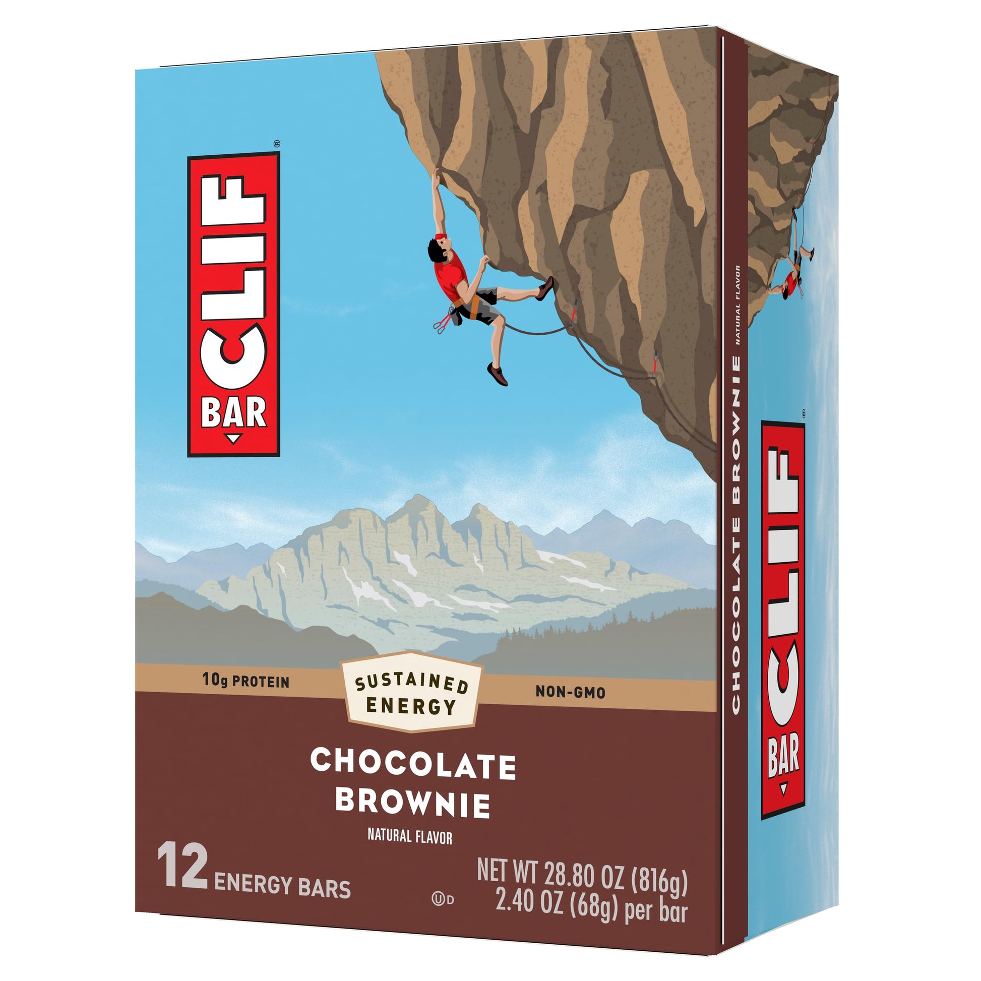 Clif Bar chocolate brownie energy bar packaging with mountain and climber illustration