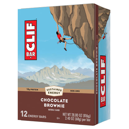 Clif Bar chocolate brownie energy bar packaging with mountain and climber illustration