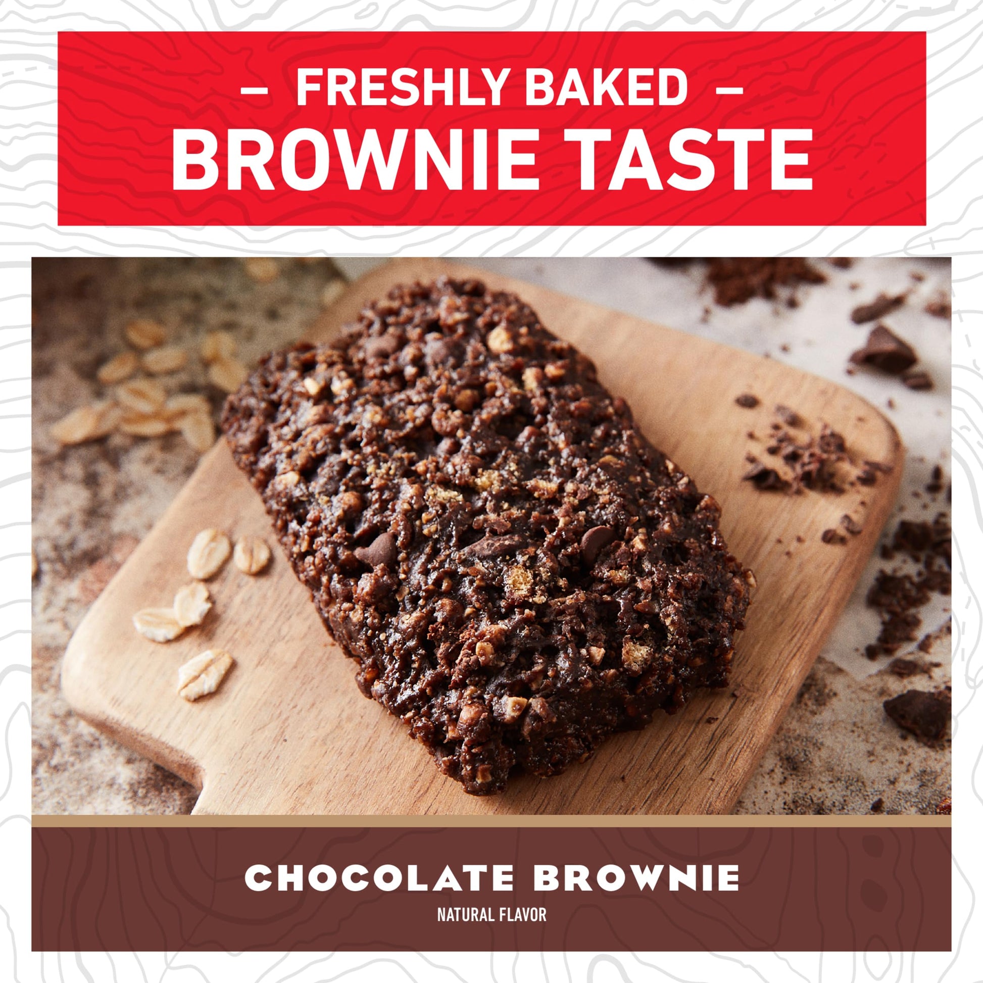 Chocolate brownie on a wooden board with 'Freshly Baked Brownie Taste' text above.