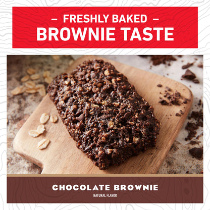 Chocolate brownie on a wooden board with 'Freshly Baked Brownie Taste' text above.
