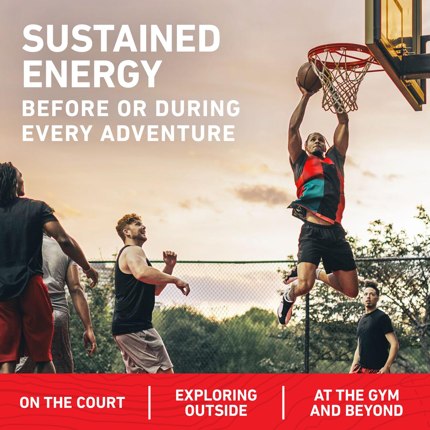 Basketball player dunking the ball with text about sustained energy and lifestyle activities.