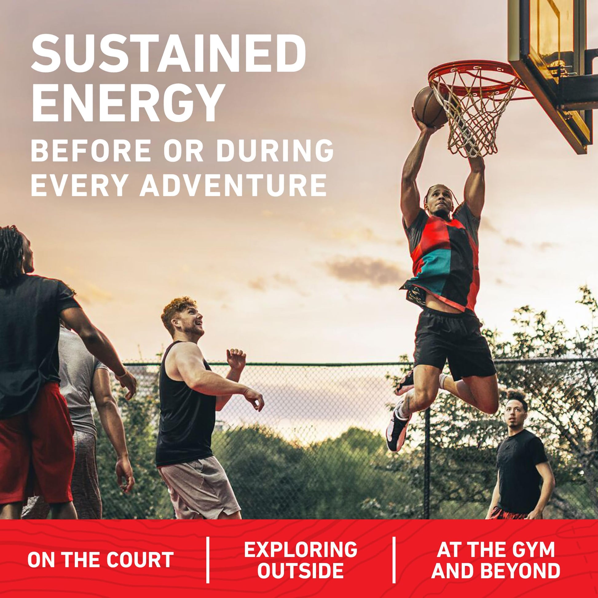 Basketball player dunking the ball with text about sustained energy and lifestyle activities.