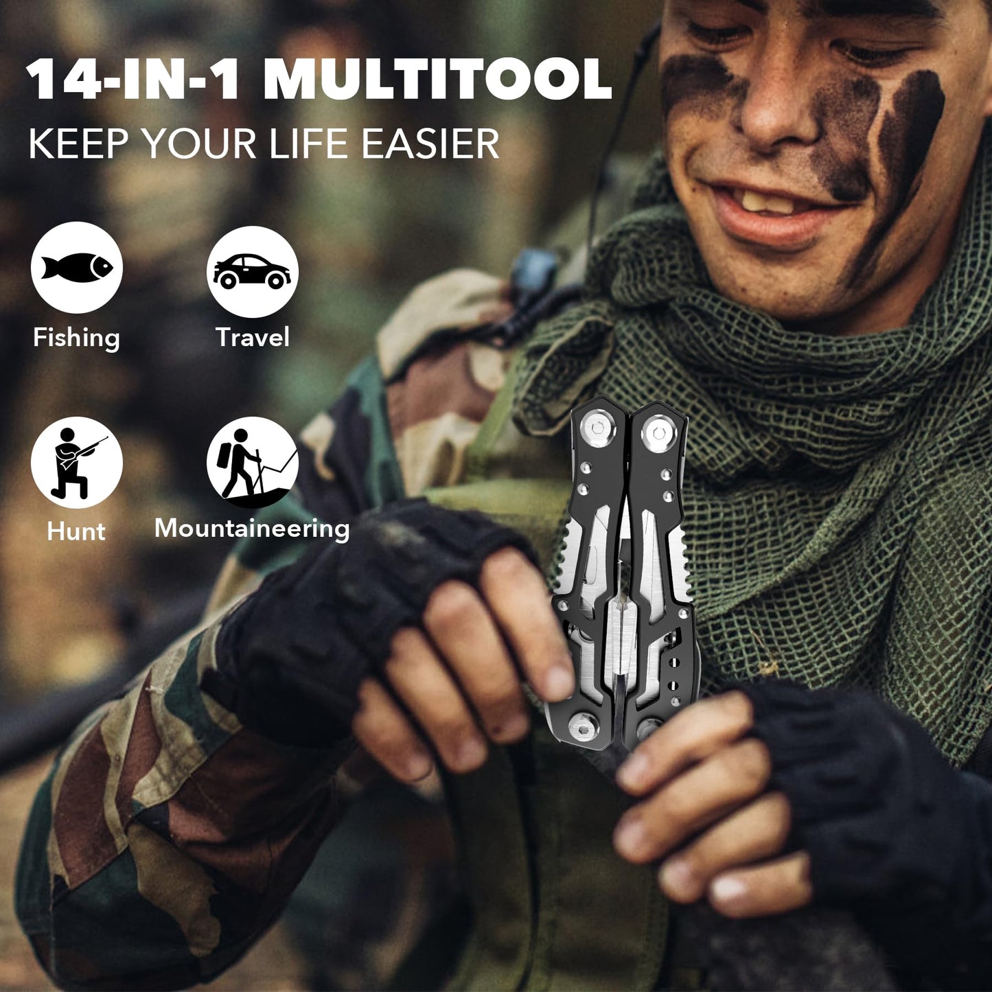 14-in-1 multitool pliers for fishing, travel, hunting and mountaineering, compact all-in-one tool for outdoor and everyday use

