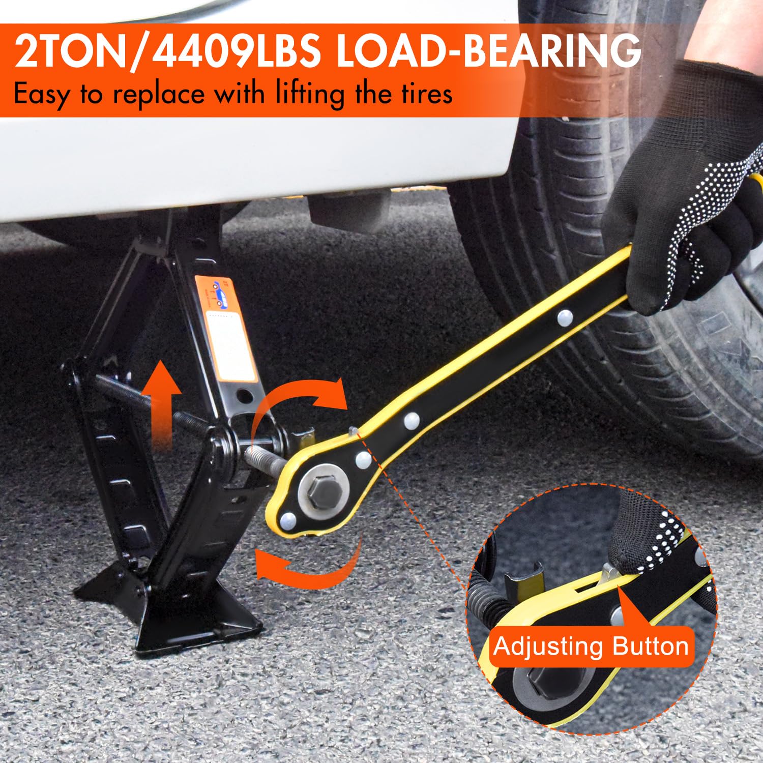 Car jack being used to lift a car with text about load-bearing capacity and ease of use.