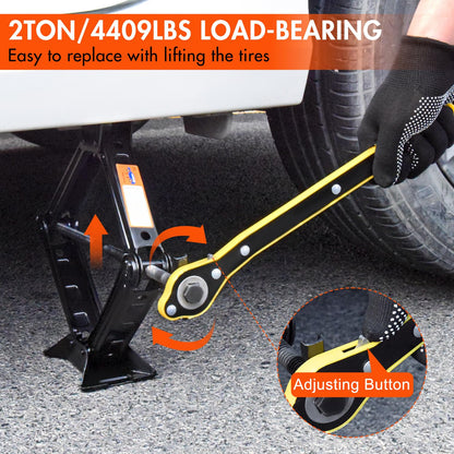 Car jack being used to lift a car with text about load-bearing capacity and ease of use.