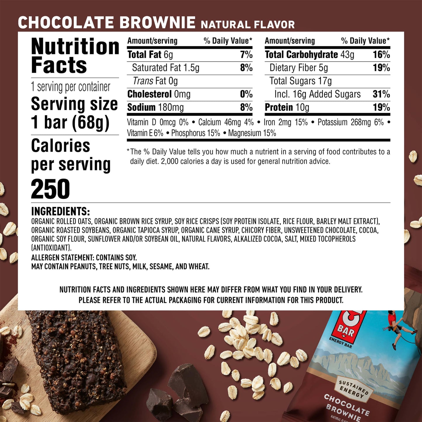Nutrition facts label for a chocolate brownie bar with ingredients listed.