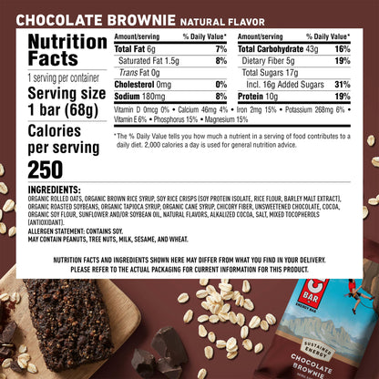 Nutrition facts label for a chocolate brownie bar with ingredients listed.