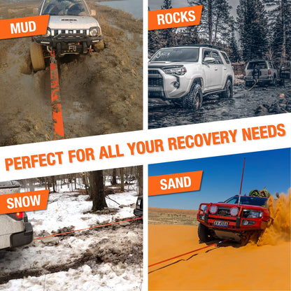 Collage of a vehicle recovery system in various terrains with text indicating its versatility.