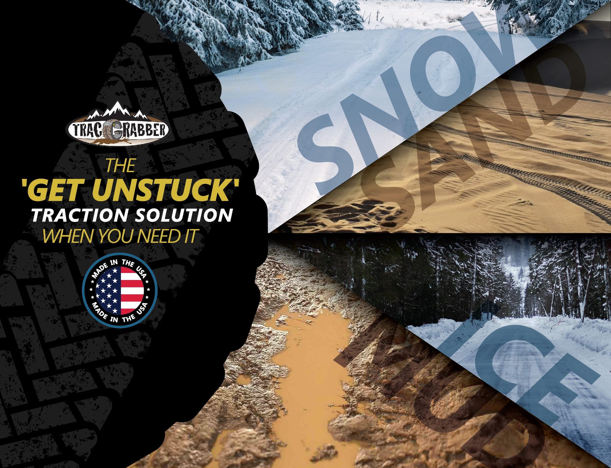Ad for Trac Grabber traction device showing snow, sand, and mud use cases.
