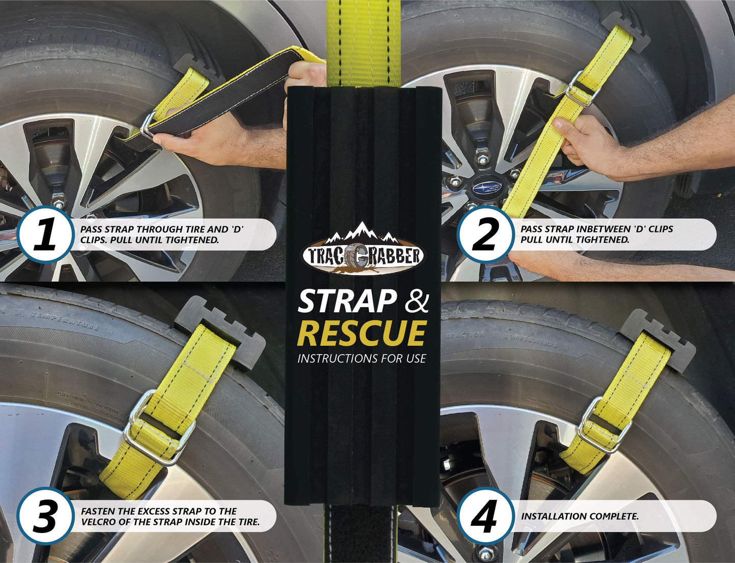 Close-up of a vehicle tire with a yellow strap traction device attached, partially obscured by screen glitches and overlapping text.
