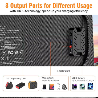 40W Portable Solar Panel Charger with DC USB C Port for Camping Road Trip Hiking Portable Power Station Power Bank Phone Tablet