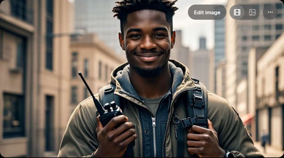 Man holding a walkie-talkie in an urban setting 