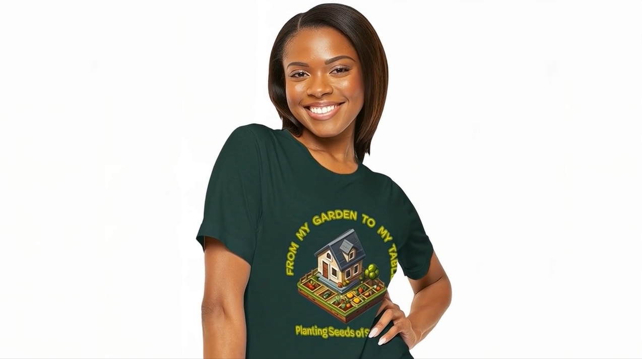 Woman wearing a green t-shirt with a graphic design 