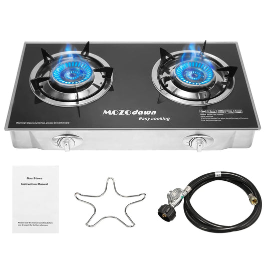 MOZODAWN Propane Stove 2 Burner Gas Outdoor Portable Camping Stove 30000 BTU Propane Burner with Auto IgnitionLPG Gas Stove for Camping with LPG Adapter Hose