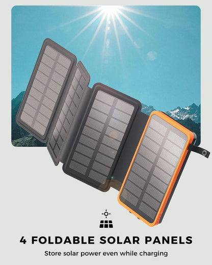 Solar Charger 20000Mah Power Bank, 3 Outputs USB-C Portable Charger with 4 Foldable Solar Panels External Battery Pack for Cell Phone Camping Outdoor
