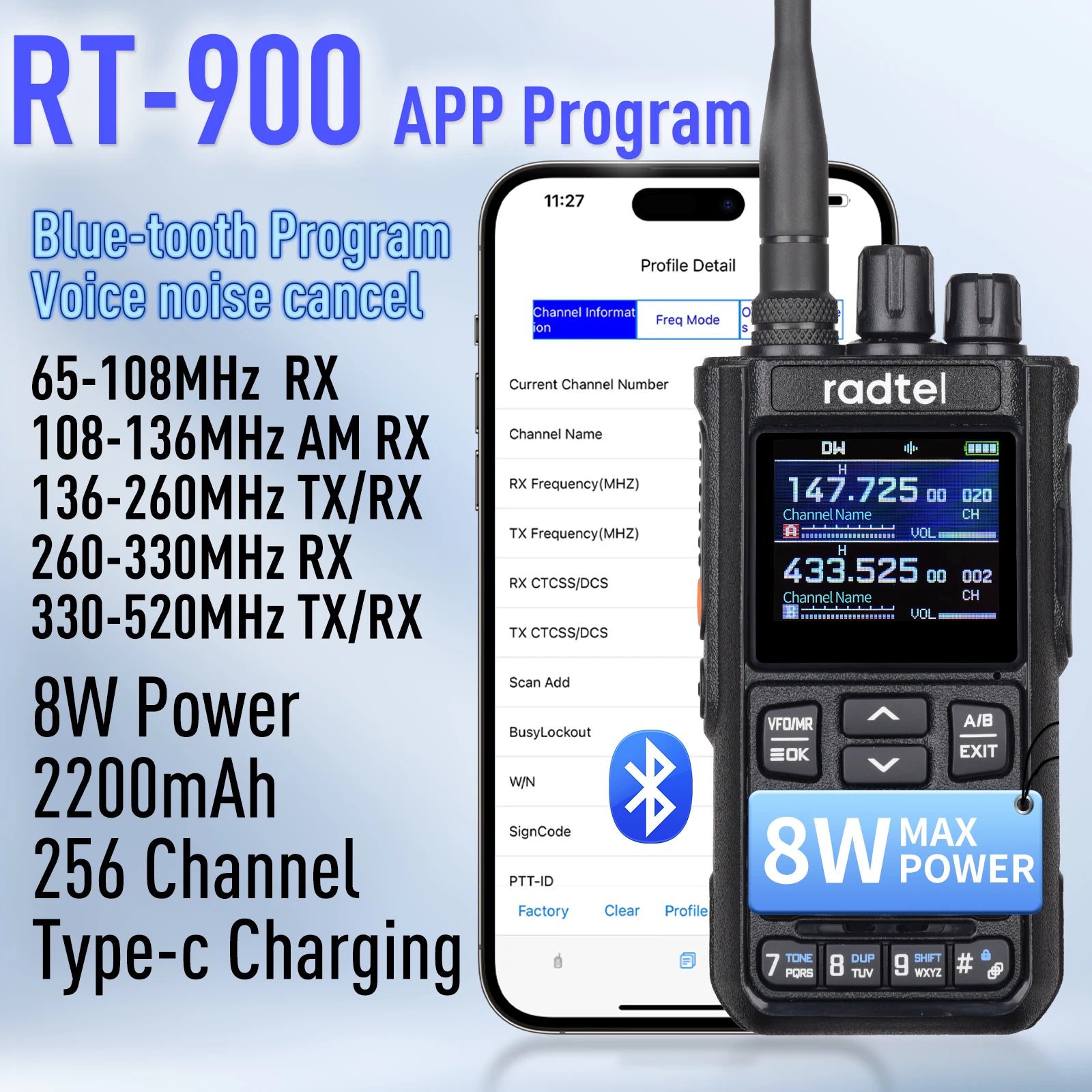 Radtel RT-900 8W Full Band Ham Radio Walkie Talkie 256CH Air Band Two Way Radio Station Aviation NOAA Police Marine River PTT