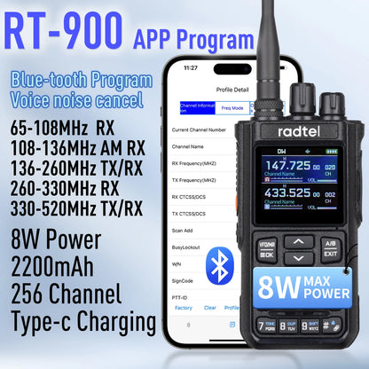 Radtel RT-900 8W Full Band Ham Radio Walkie Talkie 256CH Air Band Two Way Radio Station Aviation NOAA Police Marine River PTT