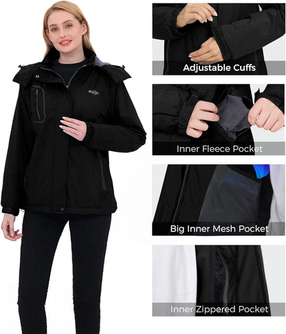 Women'S Mountain Waterproof Ski Jacket Windproof Rain Jacket Winter Warm Hooded Coat