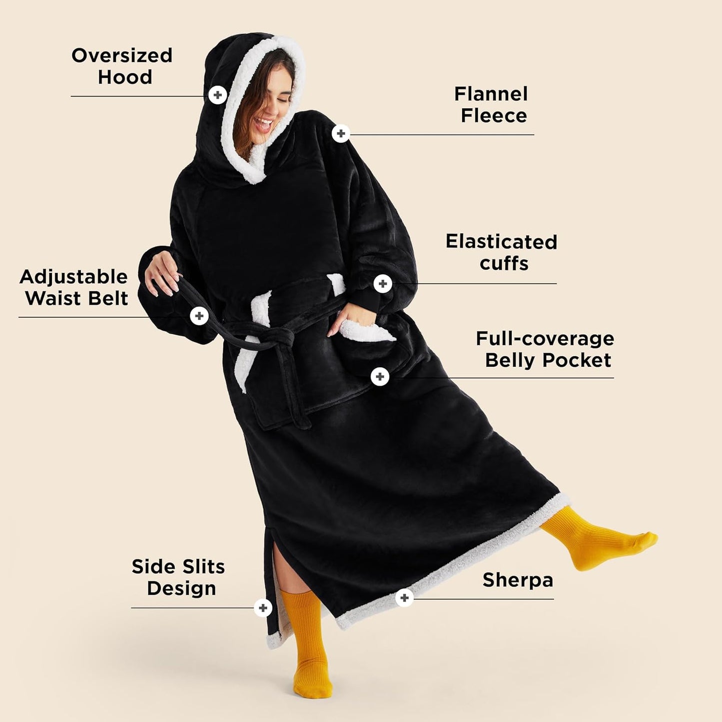 Wearable Blanket Hoodie, Cozy Long Hooded Blanket Sweatshirt as Mothers Day Hoodie Gifts for Mom Women, Standard, Black