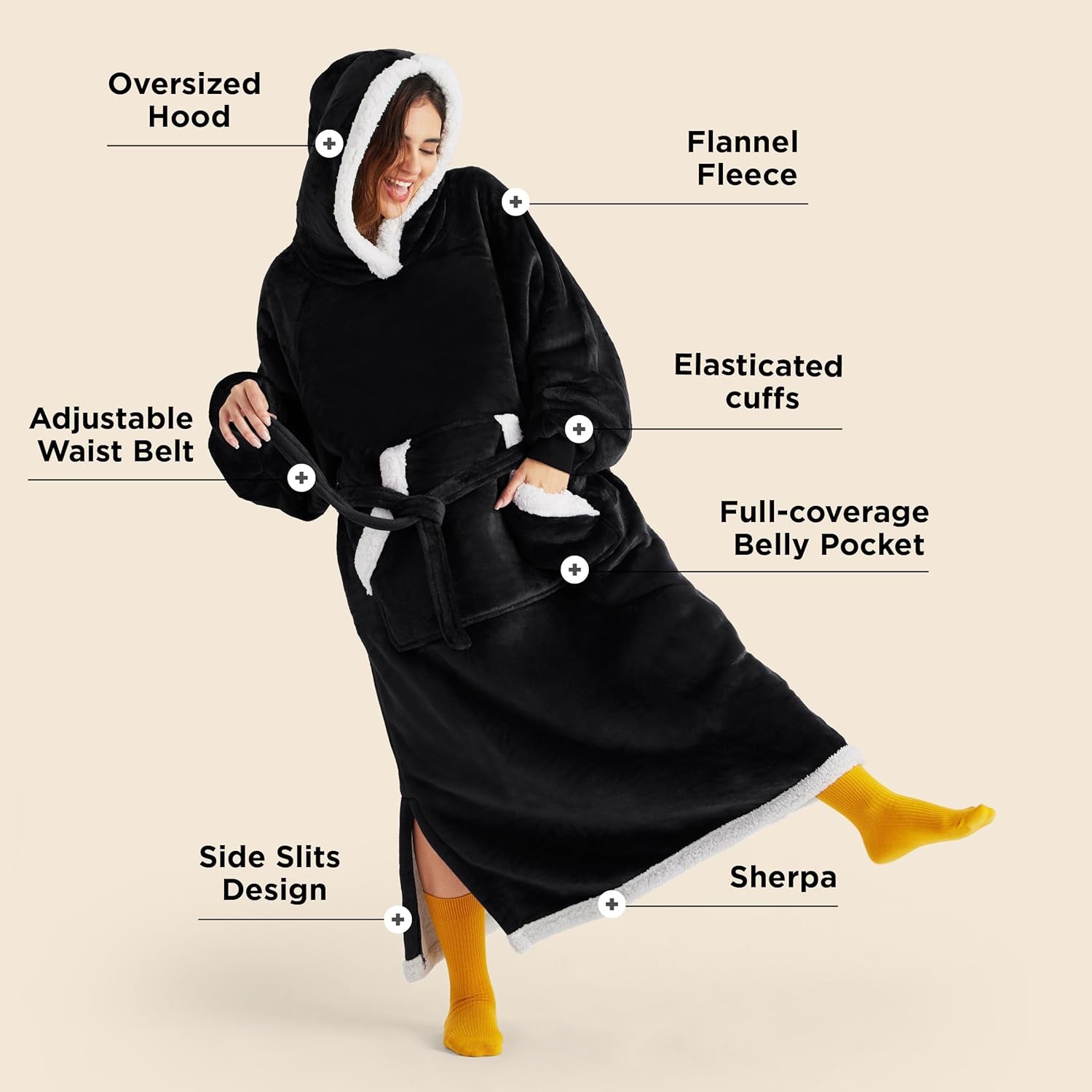 Wearable Blanket Hoodie, Cozy Long Hooded Blanket Sweatshirt as Mothers Day Hoodie Gifts for Mom Women, Standard, Black