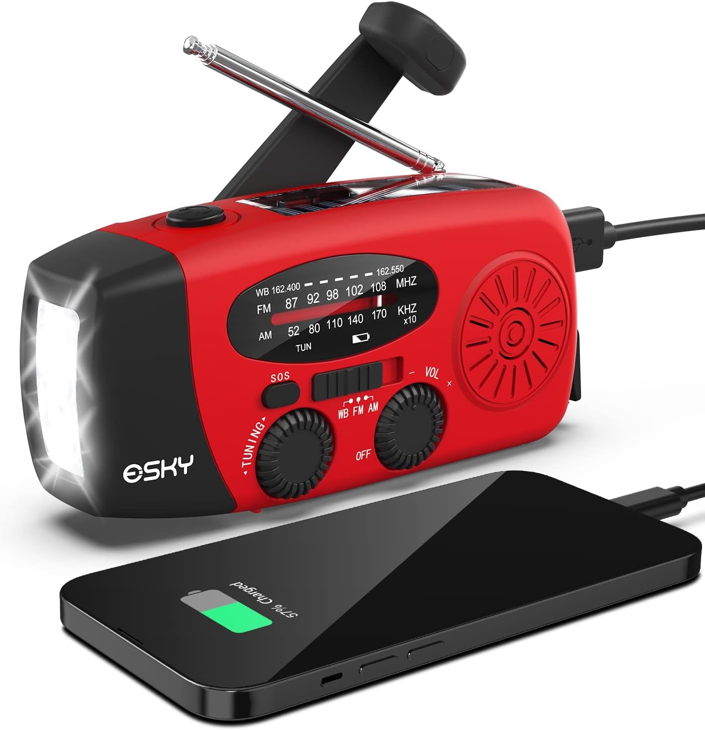 Emergency Hand Crank Radio 7400Mwh with 3 LED Flashlight, AM/FM/NOAA Portable Weather Radio with Power Bank Phone Charger, Solar Powered Rechargeable Radio for Indoor Survival Camping, SOS Alarm