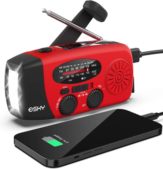 Emergency Hand Crank Radio 7400Mwh with 3 LED Flashlight, AM/FM/NOAA Portable Weather Radio with Power Bank Phone Charger, Solar Powered Rechargeable Radio for Indoor Survival Camping, SOS Alarm